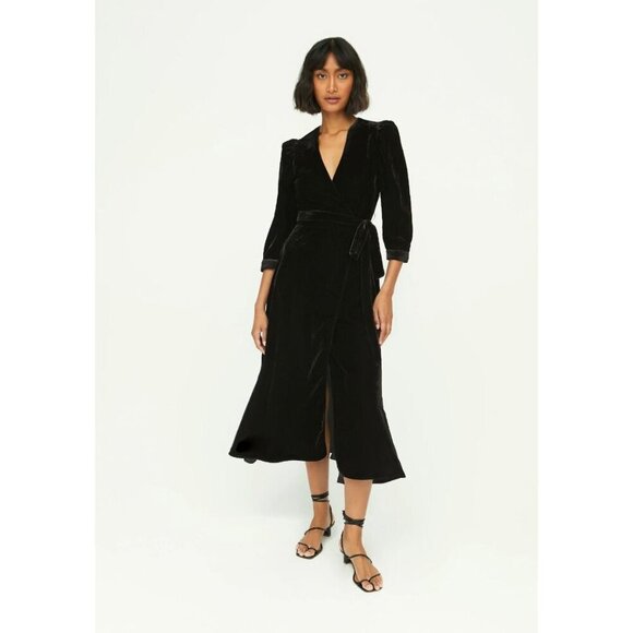 RHODE Lainey Velvet Midi Wrap Dress Black Womens Size XS - Picture 1 of 8